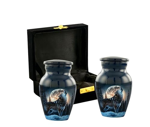 Keepsake Urns Set of 2 With Premium Velvet Box - Wolf Mini Urns for Human Ashes | Decorative, Funeral, Cremation Urns for Women and Men Design- 2