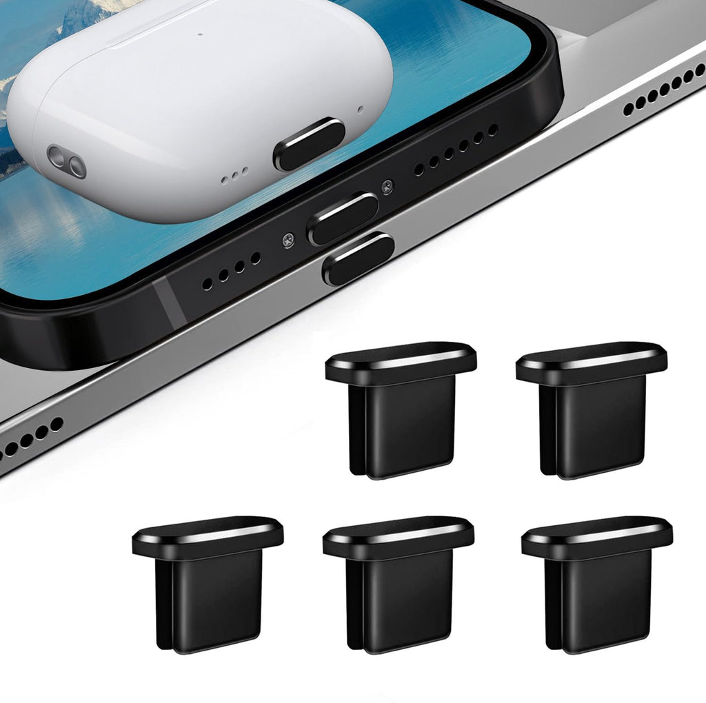 [Australia - AusPower] - Designed for iPhone 15 Pro Max Plus USB-C Anti Dust Plugs Metal C Charging Port Cover Caps Protectors (5 Pack, Black) 