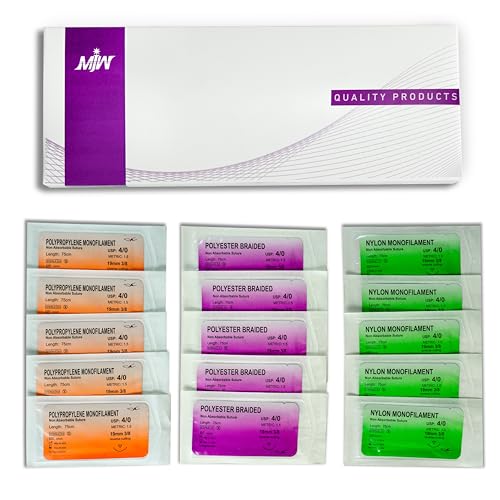 MJW Suture Threads - 15 Pieces, Ideal Suture Practice Thread for Students, Suture Exercises - 4/0 Braided and Monofilament Practice Seams