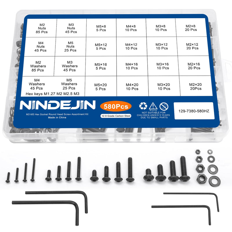 [Australia - AusPower] - NINDEJIN 580pcs M2 M3 M4 M5 Hex Socket Cap Screws Set, 8 12 16 20mm Screw Bolts and Nuts Assortment Kit, 304 Stainless Steel Metric Hex Socket Screws and Nuts and Flat Wahser Set, Fully Machine Thread 580Pcs M2-M5 8mm-20mm 