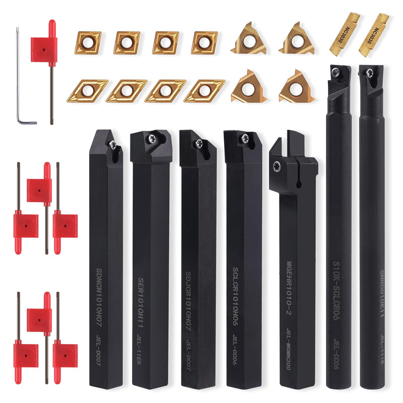 Indexable Lathe Turning Tool 3/8" 10mm Shank 21PCS Kit-7PCS Metal Lathe Tools Holder 14PCS Carbide Insert for Turning Boring Grooving Cutting Threading 7pcs 3/8" Shank +14pcs Inserts