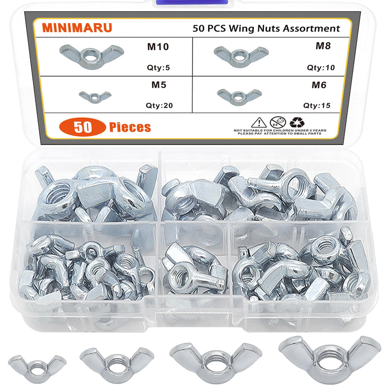 [Australia - AusPower] - 50PCS Butterfly Wing Nuts Assortment Kit, M5 M6 M8 M10 Metric Sizes Steel Wing Nuts Fasteners 