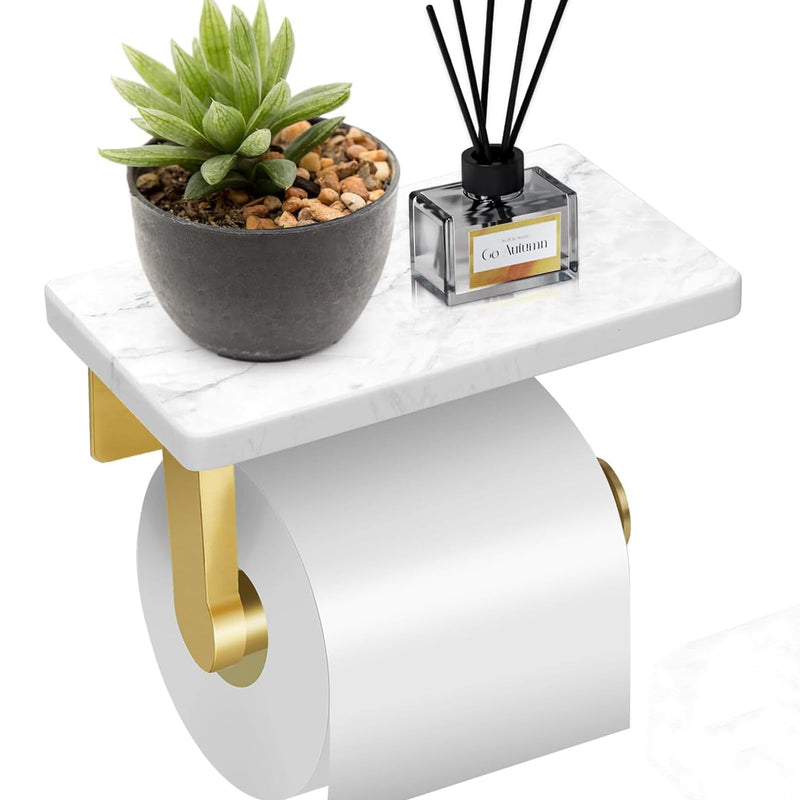 Brushed Gold Toilet Paper Holder with Marble Shelf, DAYELIVE 304 Stainless Steel Wall Mounted Toilet Paper Holder, Tissue Holder Toilet Paper Roll Holder for Bathroom Washroom