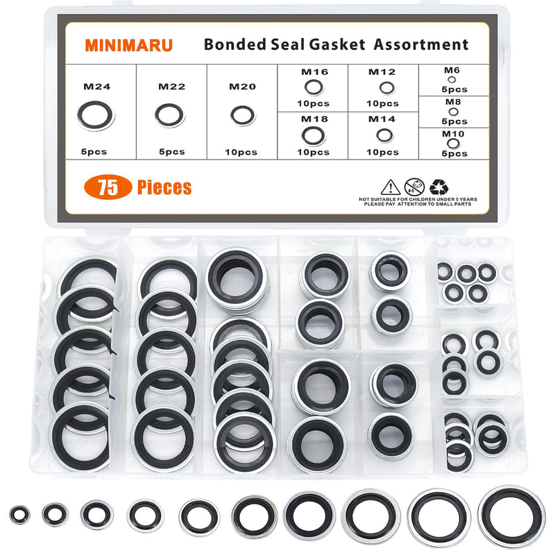 [Australia - AusPower] - Automotive Self-Centered Bonded Seal Gasket Assortment Kit Bonded Seal Oil Washer Assortment Kit, 10 Sizes 75 PCS Stainless Steel 