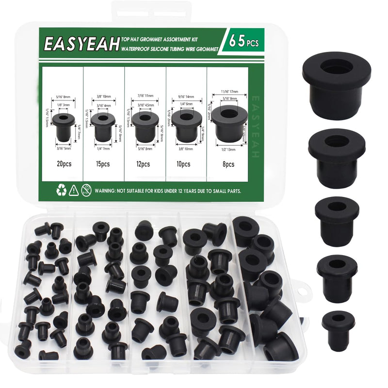 [Australia - AusPower] - EASYEAH 65 Pack Top Hat Rubber Grommets for Wiring Assortment Kit Waterproof Wire Grommets Automotive, Firewall Silicone Plug for Holes, Vinyl Tubing in Hydroponic and Irrigation Systems, 5 Sizes Black #5 sizes, 65 pcs 