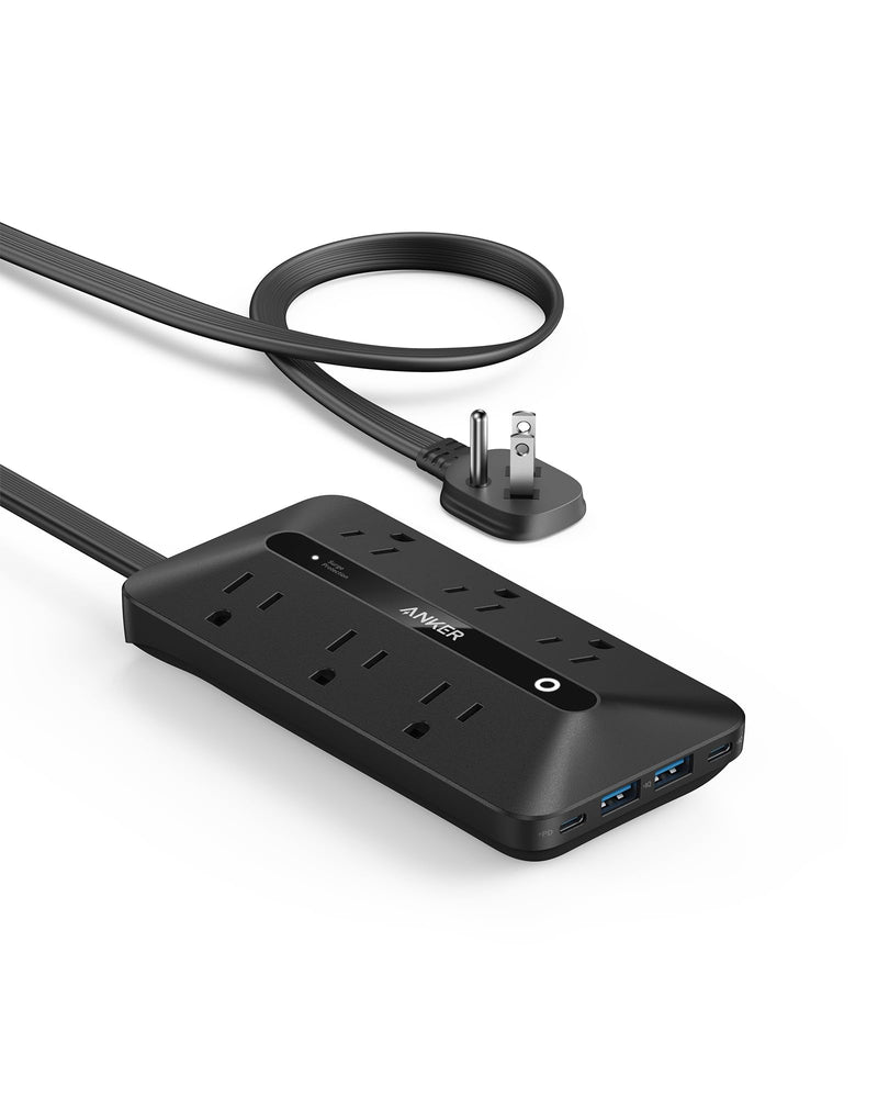 [Australia - AusPower] - Flat Plug Power Strip, Anker USB C Power Strip, 10-in-1 Ultra Thin Power Strip with 6 AC, 2 USB A and 2 USB C Ports,5ft Extension Cord, Desk Charging Station,Home Office College Dorm Room Black 