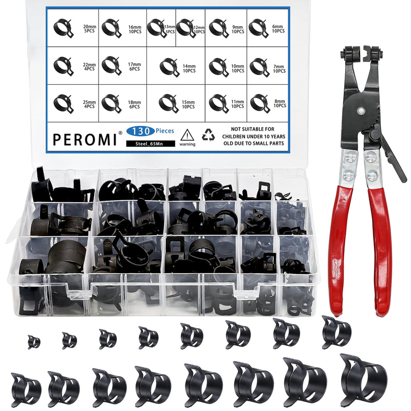 [Australia - AusPower] - 130Pcs 6-25mm Spring Band Hose Clamps With Swivel Flat Hose Clamp Plier Assortment Kit, Constant Tension Steel Clamps for Fuel Lines, Silicone, Vacuum Hoses & Low-Pressure Air Clips 130pcs Spring Clamps with Plier 