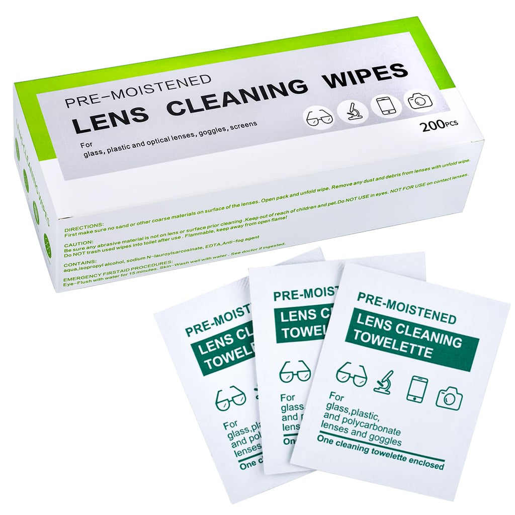 [Australia - AusPower] - 200 Count Lens Wipes for Eyeglasses, Pre-Moistened Lens Cleaning Wipes Individually Wrapped, Scratch & Streak-Free Eye Glasses Cleaner for Sunglasses, Computer Screens, Optical Lens 
