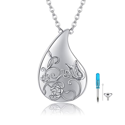 Teardrop Urn Necklace 925 Sterling Silver Butterfly Urn Necklace for Ashes Cremation Jewelry for Women