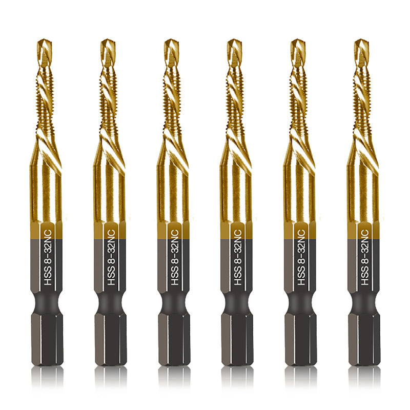 [Australia - AusPower] - 6-pc 8-32NC Combination Drill Tap Bit Set SAE, 8-32NC Thread Size, Titanium Coated High-Speed Steel, Ideal for Drilling Threading and Countersinking in Soft Metal Wood and Plastic, 1/4 Hex Shank 6 Pcs 8-32NC 