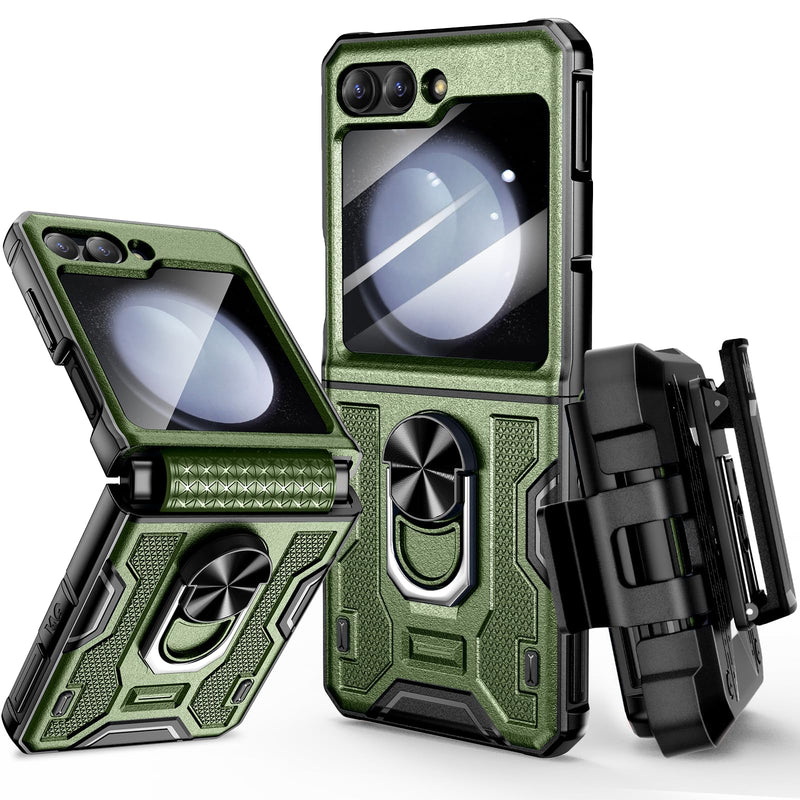 [Australia - AusPower] - VEGO for Z Flip 5 Case with Hinge Protection, 360°Ring Magnetic Kickstand & Camera Screen Protector & Belt Clip Holster, Military Grade Shockproof Case for Samsung Galaxy Z Flip 5 - Green 
