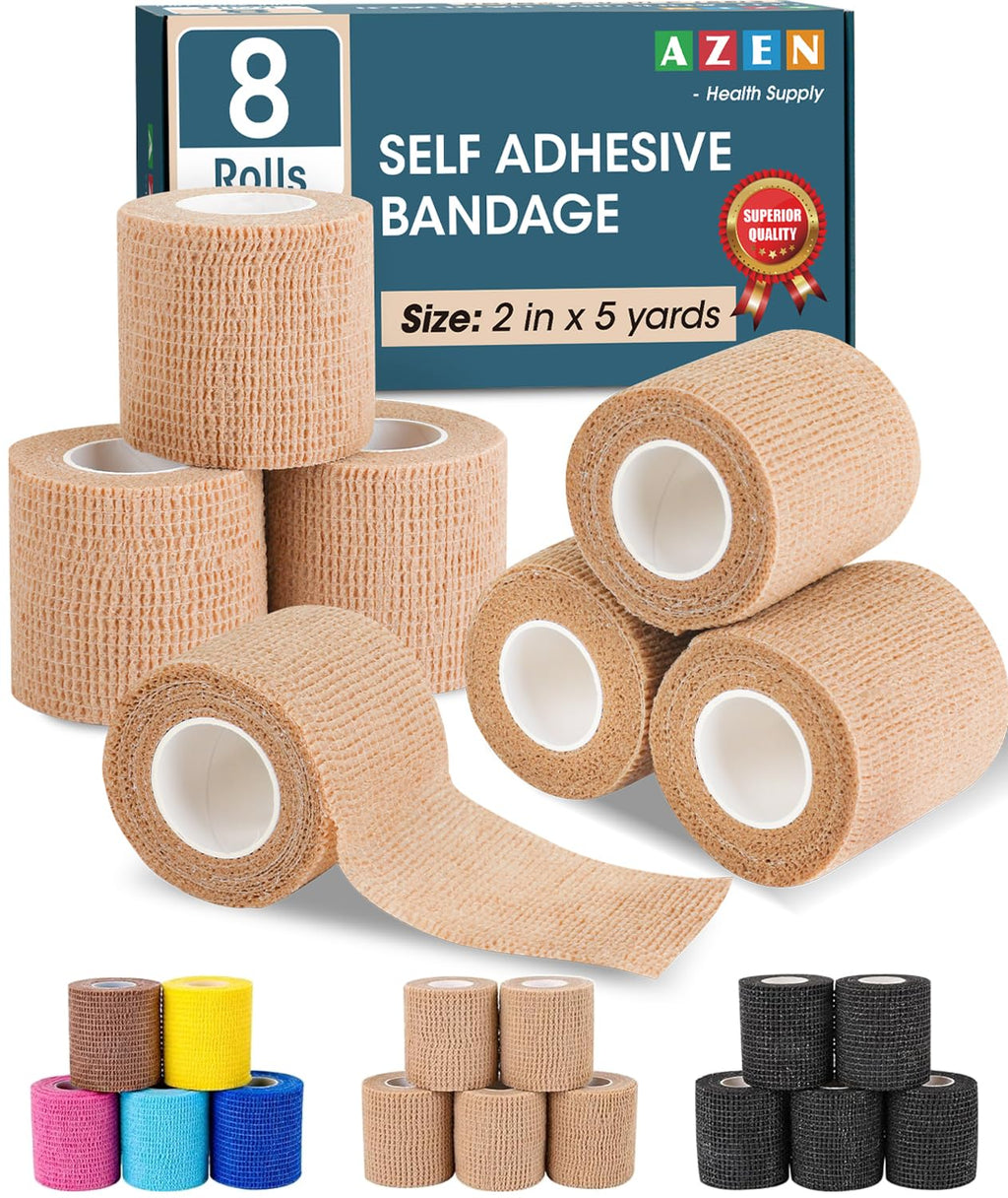 AZEN 8 Pack Self Adhesive Bandage Wrap, 2" X 5 Yards Elastic Cohesive Bandage Wrap, Skin Color Athletic Tape, Vet Wrap, Ankle Tape, Tattoo Grip Tape Wrap A-8skin 2 Inch