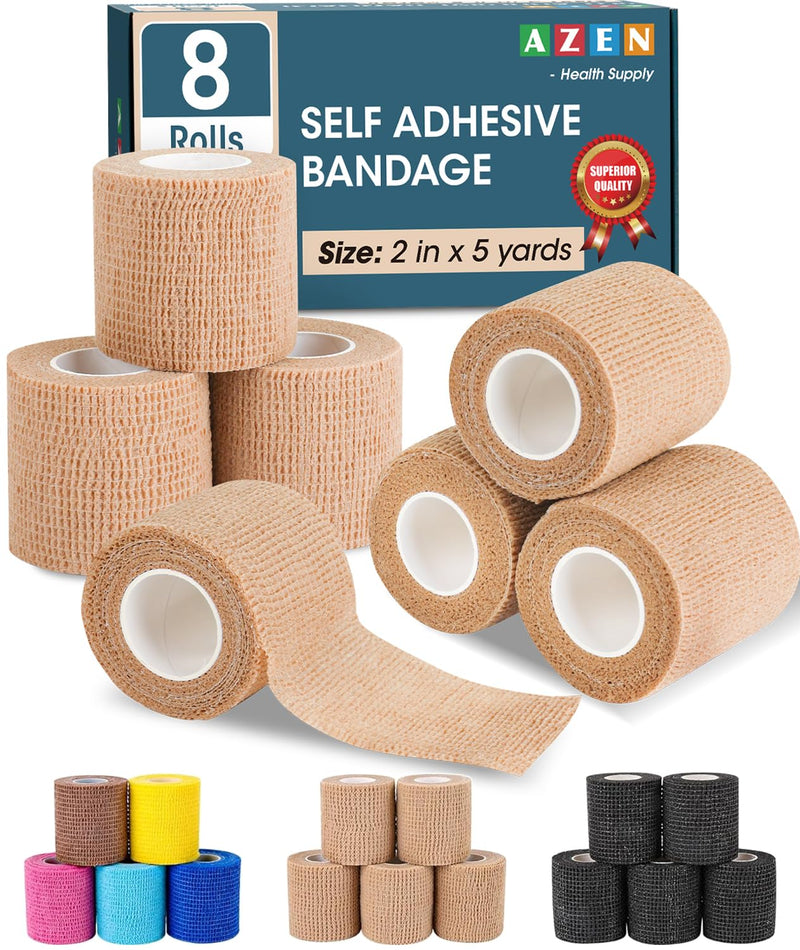 AZEN 8 Pack Self Adhesive Bandage Wrap, 2" X 5 Yards Elastic Cohesive Bandage Wrap, Skin Color Athletic Tape, Vet Wrap, Ankle Tape, Tattoo Grip Tape Wrap A-8skin 2 Inch