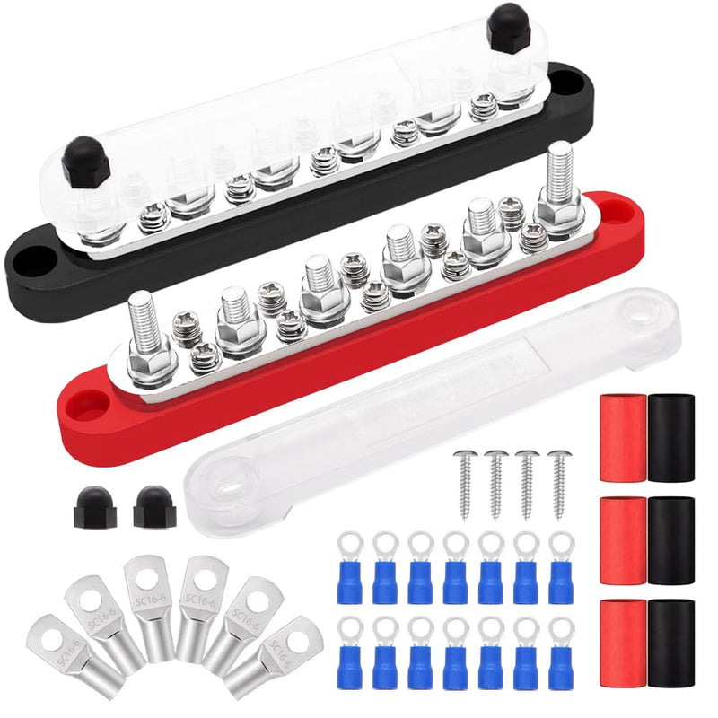 [Australia - AusPower] - 12V Bus Bar 250A Power Distribution Block Busbar 6 x 1/4" Studs 10 x #8 Screw Terminals for Marine, Automotive, and Solar Wiring (Pair, Red & Black) 