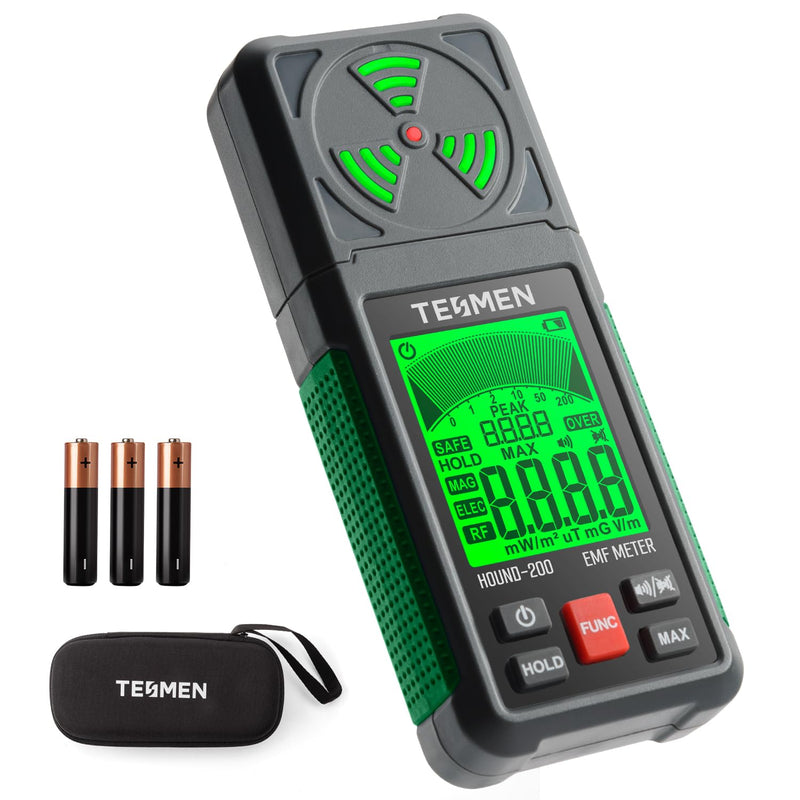 TESMEN HOUND-200 EMF Meter, 3-in-1 Portable Electromagnetic Field Radiation Detector for EF RF MF, WiFi Signal, Used in Home and Outdoor EMF Inspection and Ghost Hunting - Green