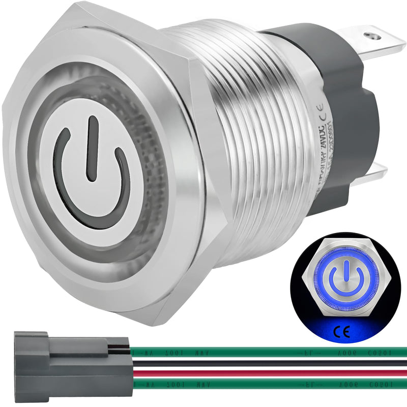 [Australia - AusPower] - 15Amp 19mm Latching Push Button Switch 12V DC 24V Waterproof IP67 Power Button 1NO SPST Power Button Blue Led Metal Self-Locking On Off 3/4inch with Wire Socket 15 Amp Latching, 12/24V DC 