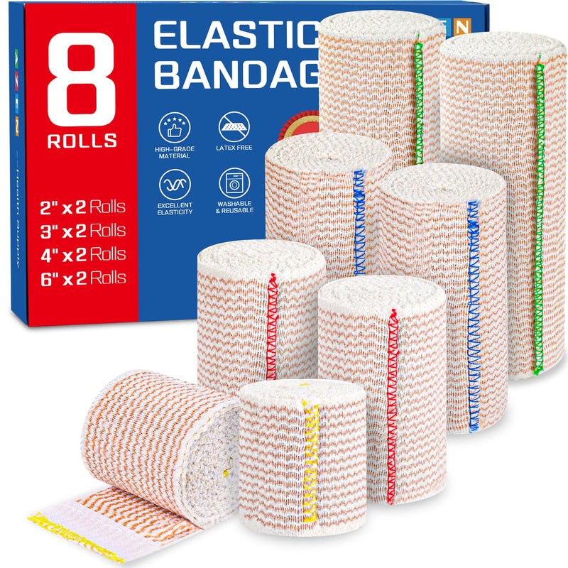 [Australia - AusPower] - AZEN Premium 8 Pack Elastic Bandage Wrap (2x2", 2x3", 2x4", 2x6"), Compression Wrap Bandage for Legs, Ankle, Knee, Tummy, Body, Latex-Free, Lymphedema Wraps for Legs A-8p 