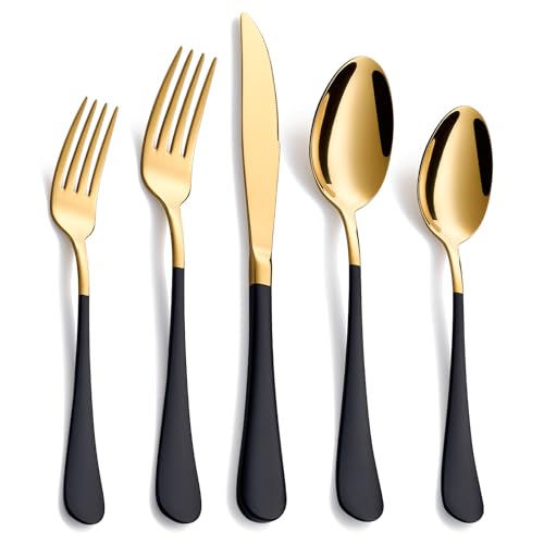 20-Piece Black & Gold Silverware Set, 18/0 Stainless Steel Colorful Handle Flatware Set, Service for 4, Modern Cutlery Set Includes Dinner Knives Forks Spoons, Mirror Polished, Dishwasher Safe gold and black-Piece