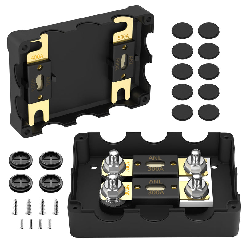 [Australia - AusPower] - ANL Fuse Holder with 2Pcs 300 Amp ANL Fuse, Max 1000A Waterproof 4 x 5/16"(M8) Studs Heavy Duty Dual Fuse Holder with 400 Amp and 500 Amp ANL Fuses for Marine Automotive Car Truck Boat 1 in 2 Out 