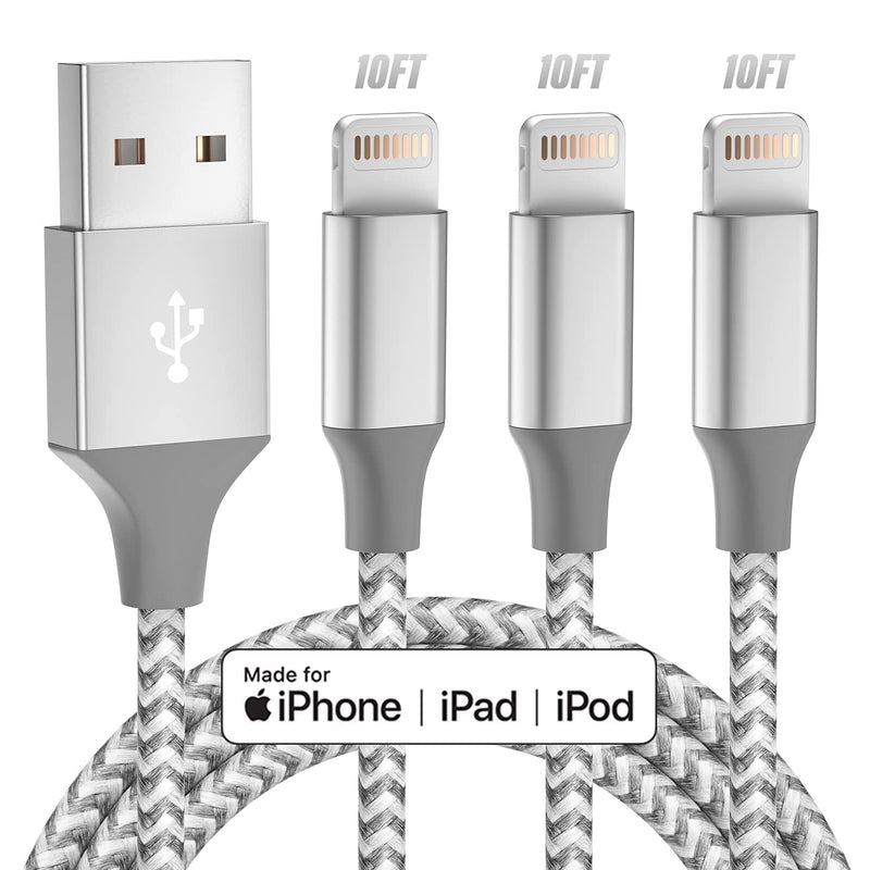 [Australia - AusPower] - iPhone Charger 3pack 10FT Apple MFi Certified Long Lightning Cable Fast Charging High Speed Data Sync USB Cable Compatible iPhone 14 13/12/11 Pro Max/XS MAX/XR/XS/X/8/7/Plus/6S (Grey White) Grey White 