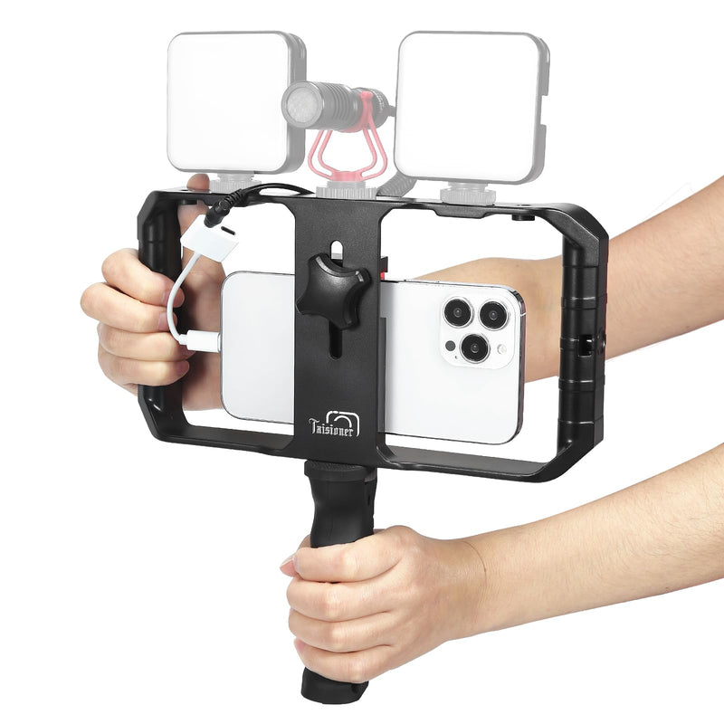 [Australia - AusPower] - Smartphone Video Rig Hand Girp Stabilizer Filmmaking Vlogging Case Phone Video Stabilizer with Cold Shoe for Film Maker Video Grapher Compatible with iPhone 15/14/13/12/ Pro Max and Android 