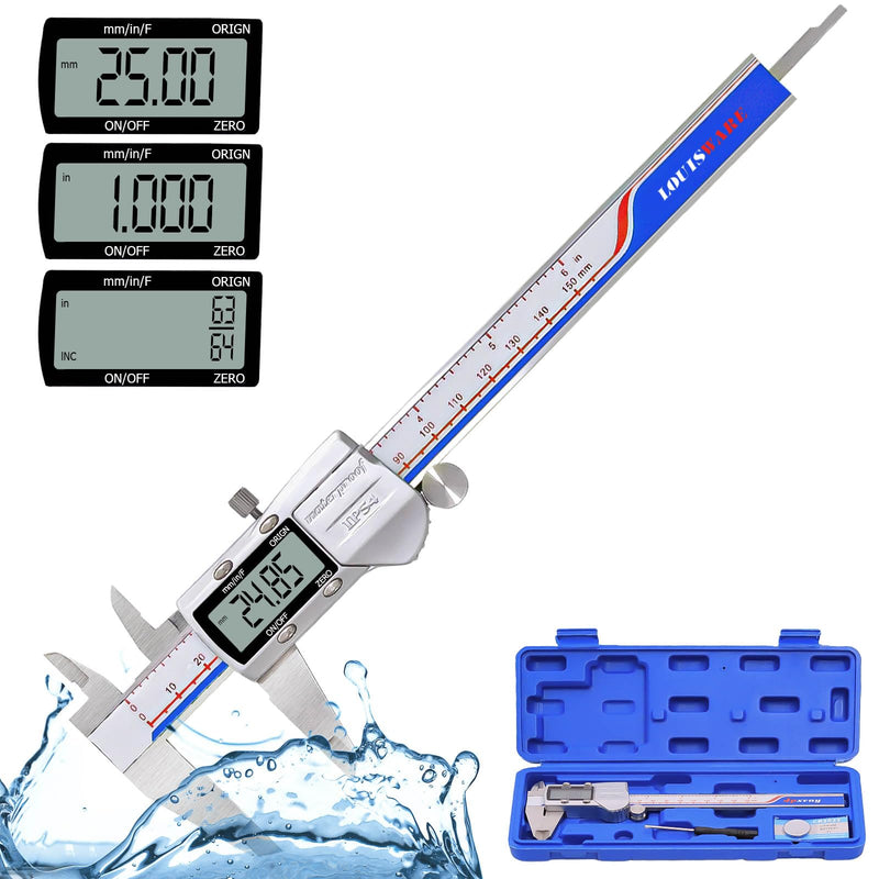 [Australia - AusPower] - Digital Caliper Measuring Tool, IP54 Waterproof Electronic Digital Micrometer Caliper, Stainlee Steel Vernier Caliper with Large LCD Screen, Inch Metric Conversion, 6 Inch for Household/DIY MBF4-1 