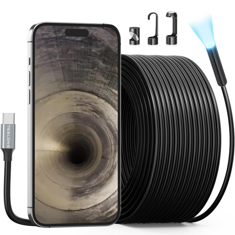 [Australia - AusPower] - 50FT Sewer Camera, Teslong USB C Drain Plumbing Snake Borescope Inspection Camera with 8 LEDs, 50 ft Flexible Waterproof Endoscope Fiber Optic Scope Cam compatible with iPhone 15, Android Phone 