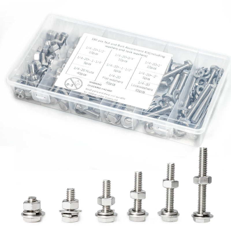 [Australia - AusPower] - 180 pcs SAE Stainless Steel Nuts and Bolts Assortment Kit, Including 6 Sizes 1/4-20 Hex Bolts,Flat Washers, Lock Washers. Packaged by Plastic Box, Made by 304 Stainless Steel 1/4-20" Hex head 