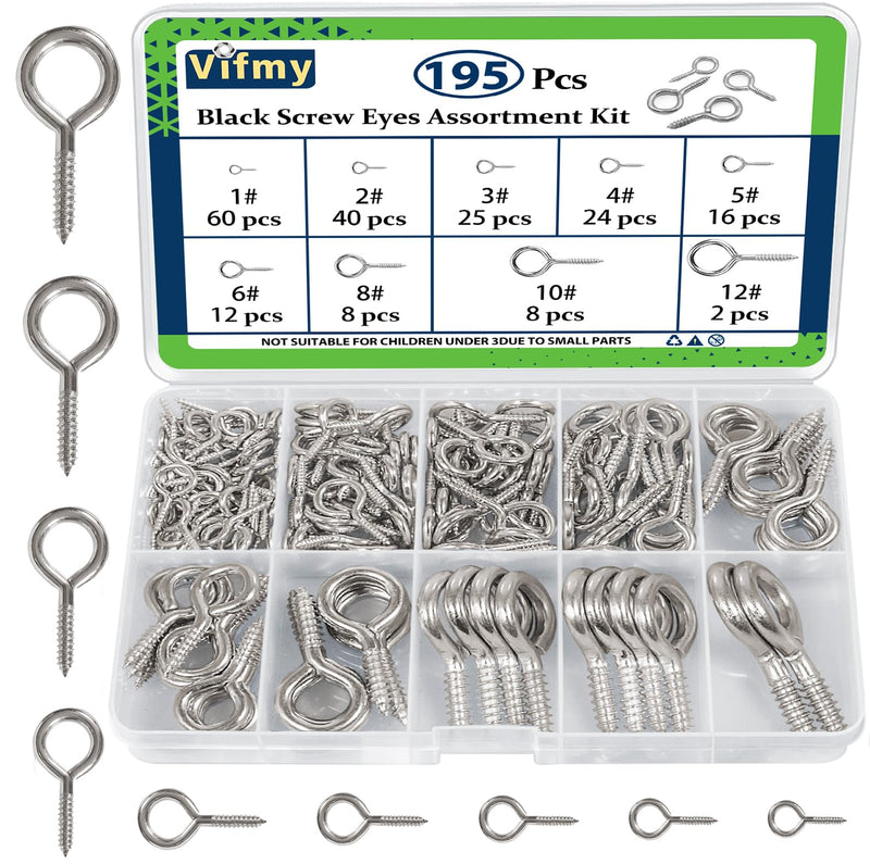 [Australia - AusPower] - Screw Eyes Assortment Kit(195Pcs),0.75" 0.78" 0.90" 1" 1.1" 1.18" 1.39" 1.57" 1.75" Zinc Plated Eyelet Screws,Metal Small Tapping Screw Hooks Ring,Silver Silver 