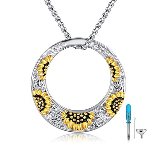 VONALA 925 Sterling Silver Sunflower Urn Necklace for Ashes for Women Ashes Necklace Simple Circle Cremation Jewelry