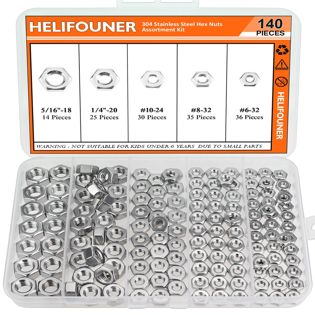 #6-32#8-32#10-24 1/4"-20 5/16"-18 Stainless Assorted Hex Nuts Set for Screws Bolts, HELIFOUNER 140 Pieces 5 Sizes Metric Hex Nuts Assortment Kit #6-32 to 5/16"-18 Hex Nuts Kit