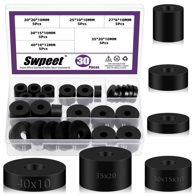 Swpeet 30Pcs 6 Sizes Round Spacer Assortment Kit, 10/12mm Anti Vibration Black Rubber Washers Kit, Neoprene Spacer Multi Purpose Thick Rubber Grommets for Home and Car Accessories Styles NO.3