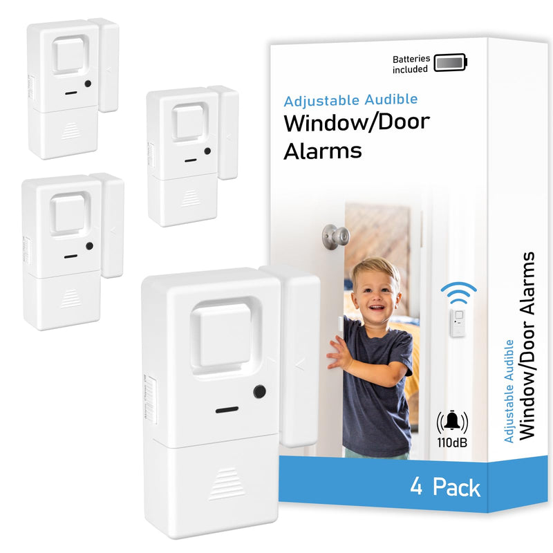 [Australia - AusPower] - Door Window Alarms - 4 Pack - Adjustable Volume, Chime/Alarm, Wireless, Door Window Alarm Sensor for Home Security, Kids Safety, Door Open Alert Security Alarm for Home, Apartment and more, by Rosmila 