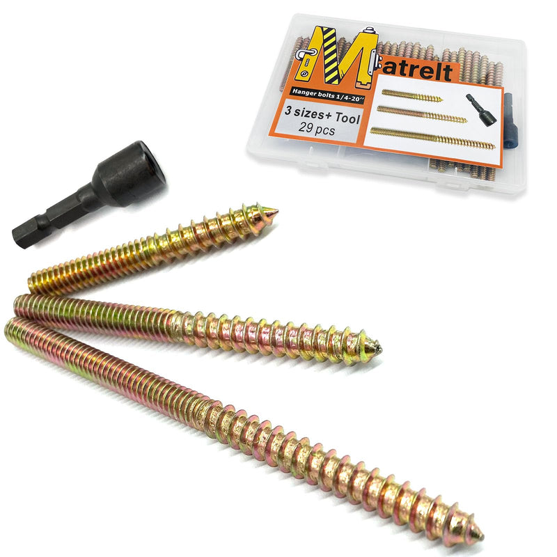 [Australia - AusPower] - 29 Pack 1/4-20" Hanger Bolts 3Sizes 2-4 Inch Include1 pcs Hanger Bolt Driver Double Headed Bolts Wood Dowel Screw Self-Tapping Screw for Furniture Screws Wood Screws Double Screw Threaded Rods 3 Size 1/4-20"-28P+Tool 