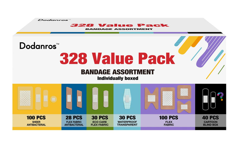 [Australia - AusPower] - Variety Bandages Pack,328ct Assorted Bulk Various Sizes, Shapes &Features | Sheer & Flex Fabric with Benzalkonium, ECO Bamboo Fabric, Waterproof, Cartoon Blind Box Fragrance Bandages 