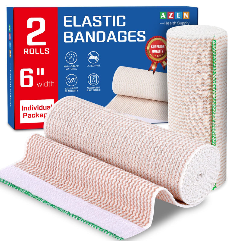 [Australia - AusPower] - AZEN Premium 2 Pack Elastic Bandage Wrap 6 Inch, Compression Wrap Bandage for Legs, Ankle, Knee, Tummy, Body, Latex-Free, Lymphedema Wraps for Legs 