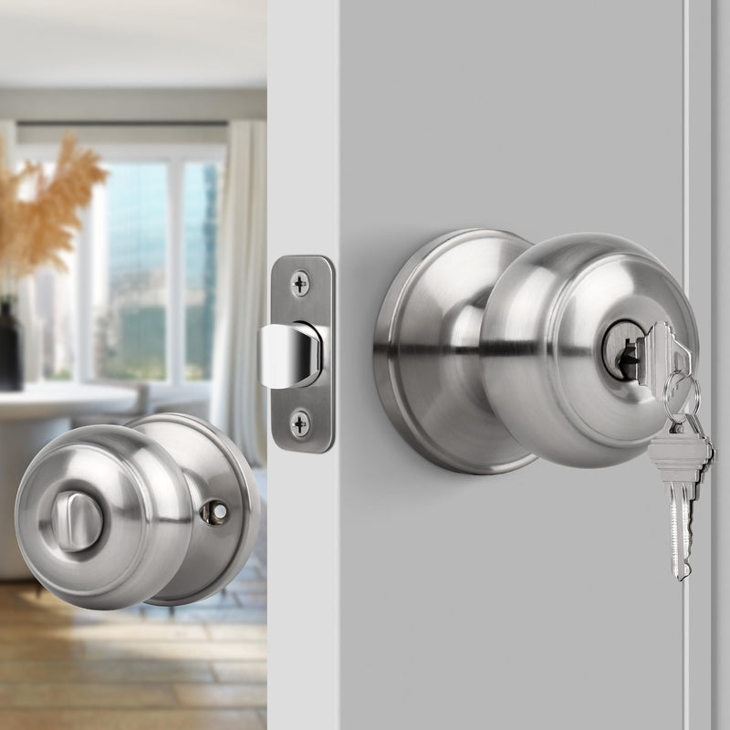 [Australia - AusPower] - Gaurqiah Keyed Entry Door Knob, Flat Ball Interior Door Knob with Lock, Round Exterior Doorknob for Front/Entrance Doors, Stain Nickel Keyed Entry {Stain Nickel} 