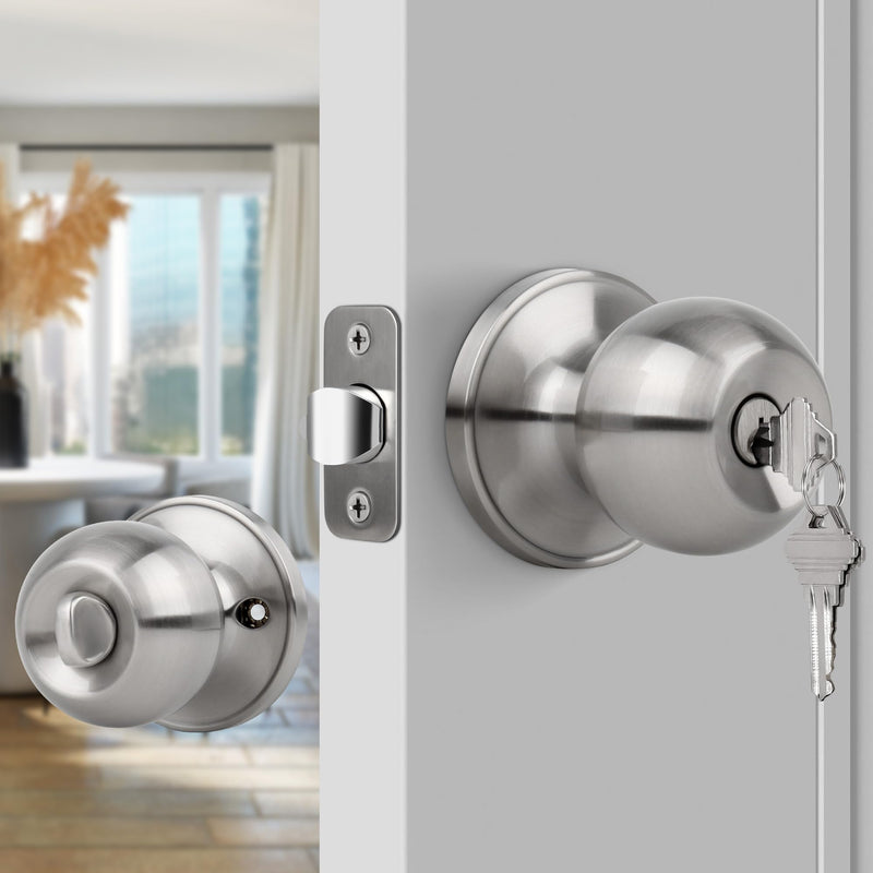 [Australia - AusPower] - Gaurqiah Keyed Entry Door Knob, Ball Design Doorknob for Interior Exterior, Reversible Round Door Lock for Front Entrance Doors, Stain Nickel Keyed Entry {Stain Nickel} 