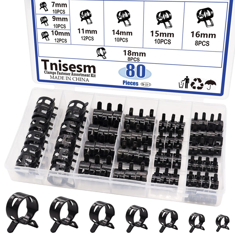 [Australia - AusPower] - Tnisesm 80Pcs Spring Band Hose Clamps Assortment kits Silicone Vacuum Hose Pipe Clamp 7mm 9mm 10mm 11mm 14mm 15mm 16mm 18mm Low Pressure Air Clip Clamp(Black) 