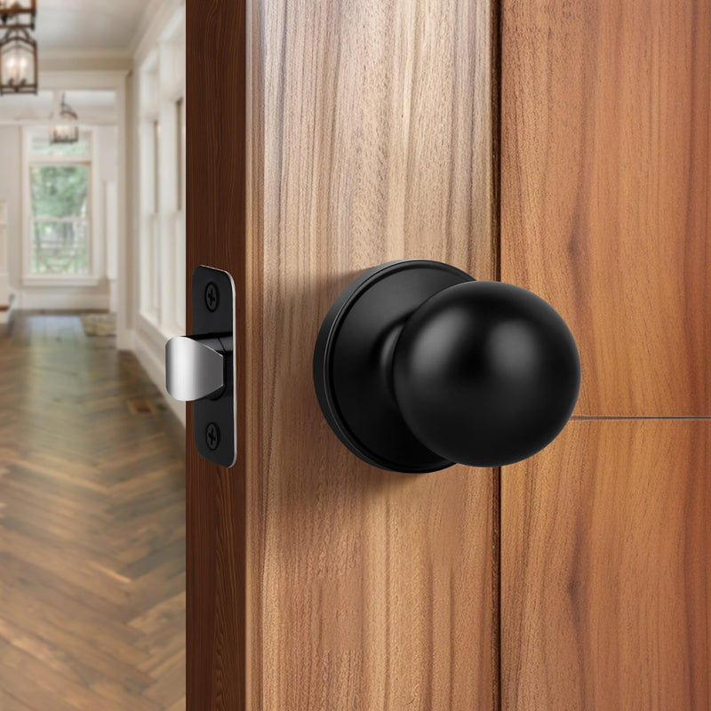 [Australia - AusPower] - Moquin Round Ball Style Passage Door Knob, No Lock Interior Door Knob, Keyless Doorknob for Hall Closet Pantry, Matte Black Finish 1 Pack Passage-NO Lock & NO Key 