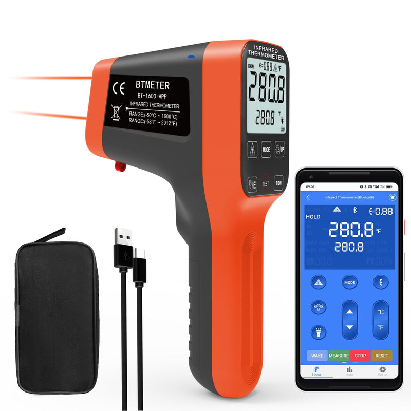 [Australia - AusPower] - Digital Infrared Thermometer Gun 30:1, BTMETER Dual Laser IR Temperature Gauge BT-1600APP Measure High Temp -58℉ to 2912℉ with Data Logging for HVAC Kiln Forge Oven Pizza Cooking(Not for Human) 