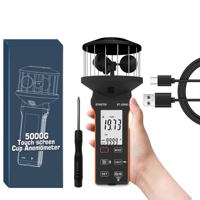 BTMETER Cup Anemometer - Handheld Airflow Meter BT-5000G Wind Speed Meter with LCD Backlight, Max/Avg/Current Mode to Measure CFM Air Flow Velocity Volume & Wind Temp for HVAC Sailing Drone Golf Black