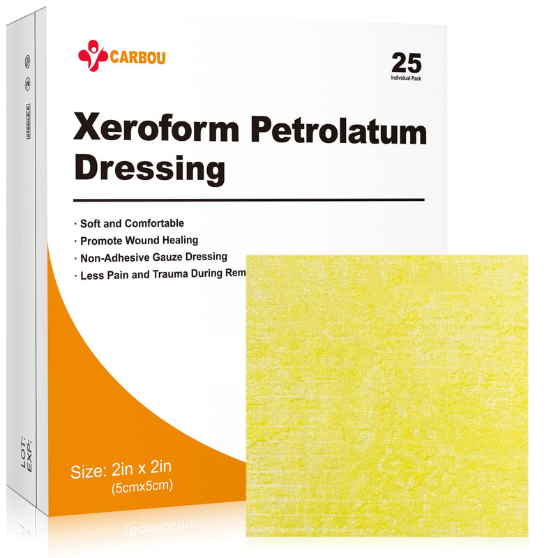 [Australia - AusPower] - Carbou Medical Xeroform Petrolatum Dressing 2"x2", 25 Individual Pack, Non-Adherent Gauze Pads, Soft Fine Mesh Gauze Patch for Wound Care, Burns, Lacerations, Skin Grafts & Surgical Incisions 2"x2" (Pack of 25) 