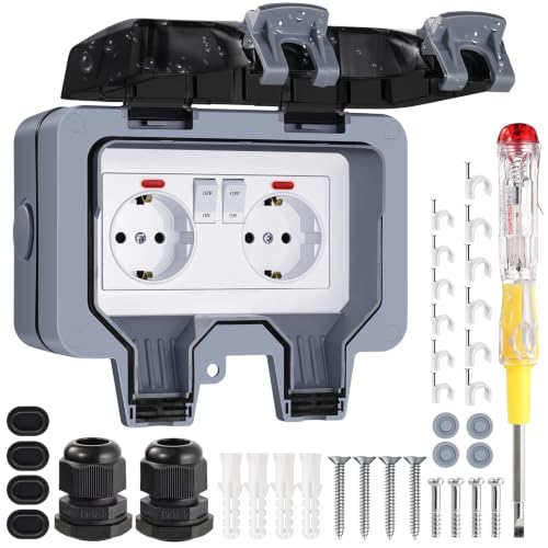 Outdoor Socket Waterproof 2-Way Outdoor Socket IP66 with Switch Indicator Light, Outdoor Socket Wall Socket Garden Socket with Lockable Hinged Lid for Garden Outdoor Wet Rooms 2-way external socket