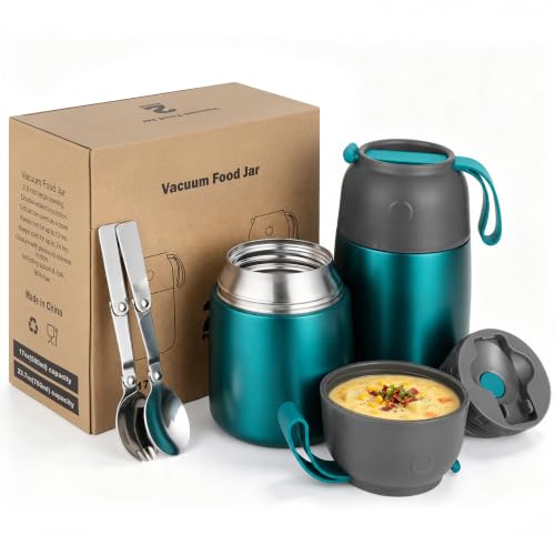 Insulated Thermo Food Jar for Hot & Cold Food for Kids Adult, 17&24 oz Soup Thermal Hot Food Containers for Lunch, Triple Layer Insulation Stainless Steel Food Jar with Spoon(2 Pack Green) B-2 Pack-Dark Green