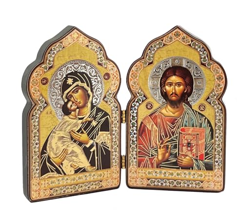 Needzo Jesus Christ Icon Diptych - Christ The Teacher Virgin of Vladimir Orthodox Catholic Icons 4 Inch, Religious Gift, Image of Jesus Christ Byzantine Style Icon