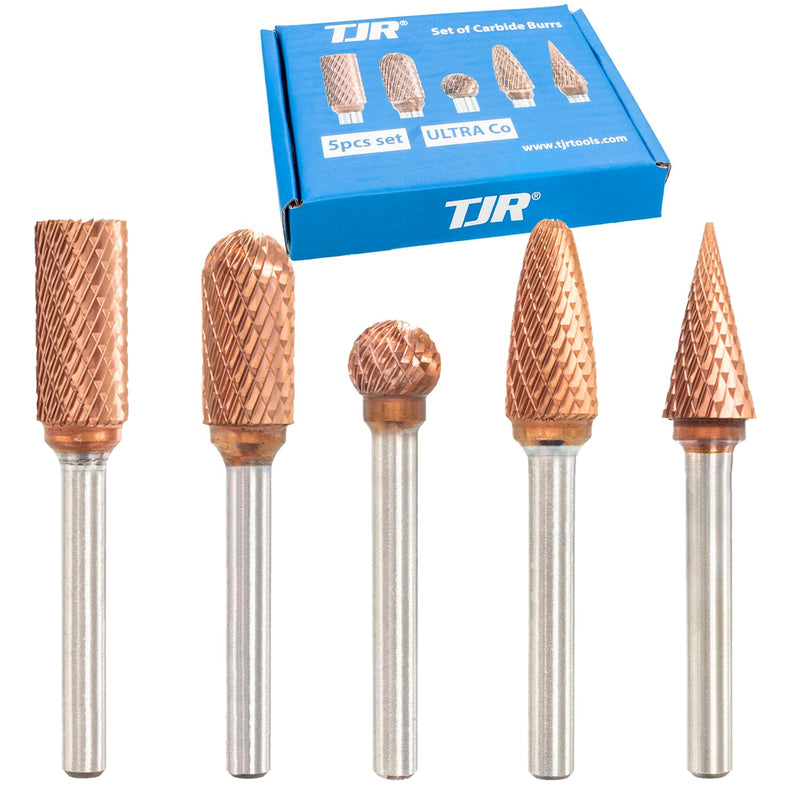 TJR® 3/8" head Carbide Burrs Set with 1/4" Shank 5pcs and ULTRACo Coating - Double Cut. For Steel, Stainless Steel, Hardened steel, and Aluminum, Wood for Grinding and Deburring applications