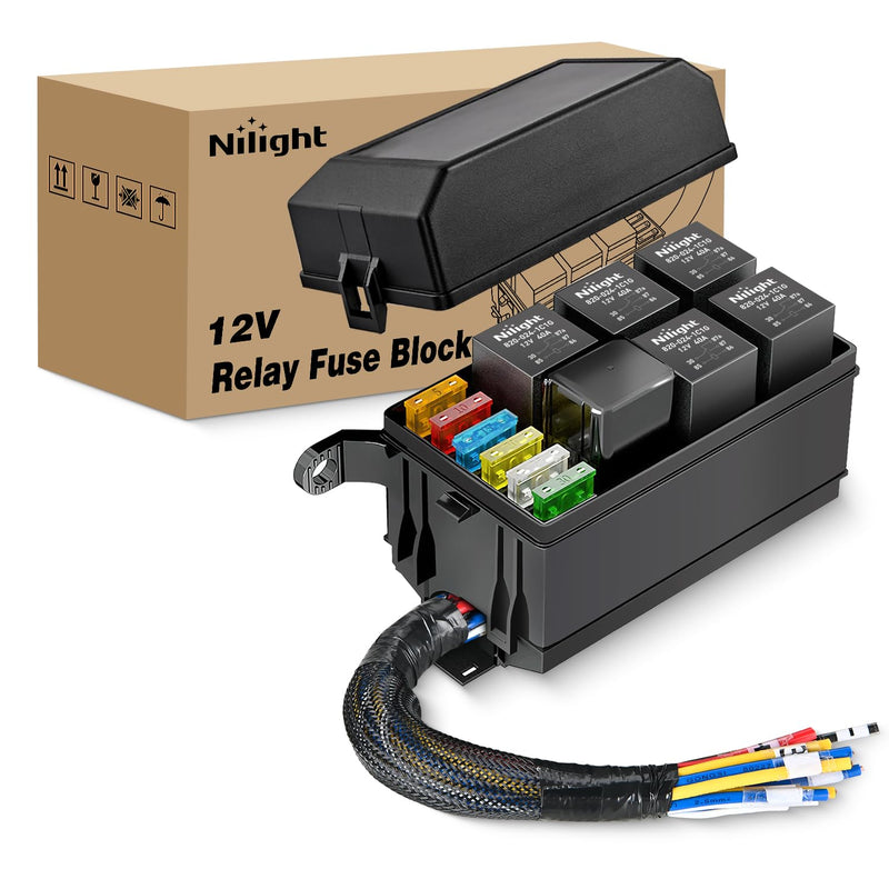 [Australia - AusPower] - Nilight 12V Fuse Relay Box 6 Relays 6 Slots ATC/ATO Blade Fuse Holder 4Pin 5Pin Terminal 40A Relay Pre-Wired Waterproof Block Kit Universal for Automotive Car Truck Camper Boat Fuse and Relay Block Pre-Wired 