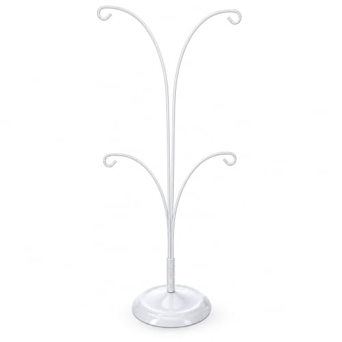 White 4-arm metal ornament display stand by BestPysanky, 12 inches tall, ideal for holding tree branches and decorative ornaments.
