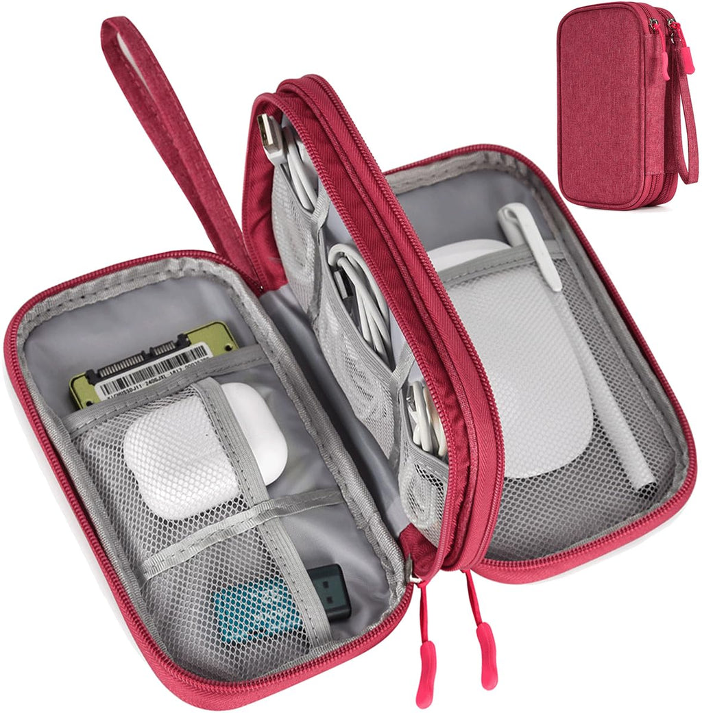 [Australia - AusPower] - Electronic Organizer Travel Cable Accessories Bag, Electronic Organizer Case, Waterproof Electronic Accessories Organizer Bag for Power Bank, Charging Cords, USB Cable (Rose Red) Double Layer - Rose Red 